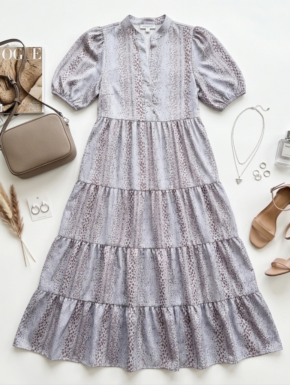 KARLIE Icy Blue And Brown Dot Print Satin Oversized Tiered Maxi Dress